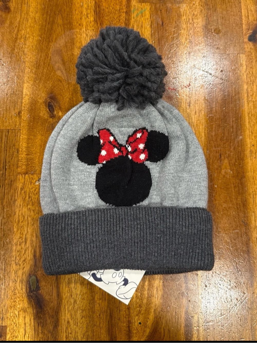 GAP Kids Gray Knit Pom Beanie with Black Minnie and Red Bow